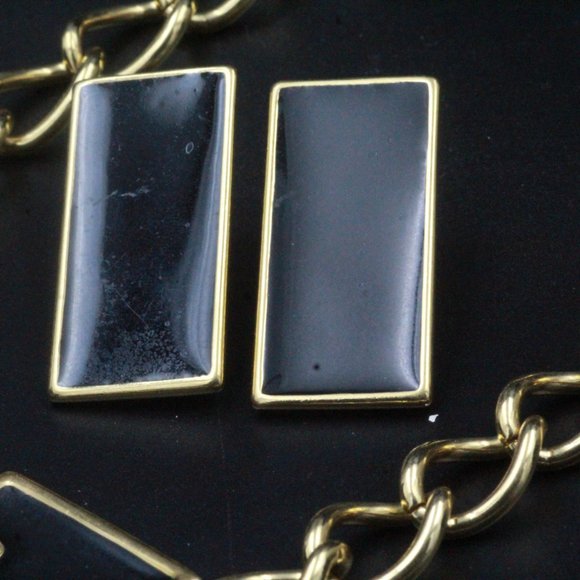 Monet Signed Designer Black Enamel Modernist Rectangular Necklace Set - Picture 10 of 11